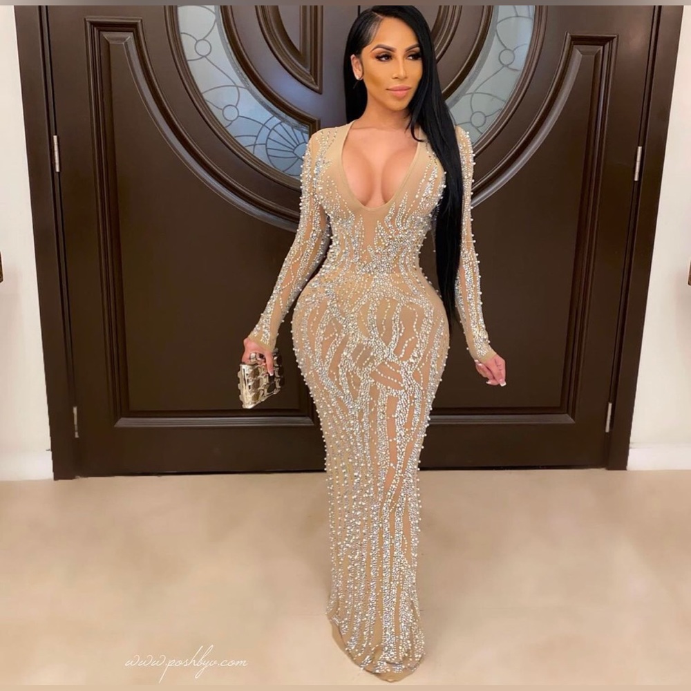 PoshByV Geneva Glam Gown Beaded Embellished Dress Maxi Posh By V